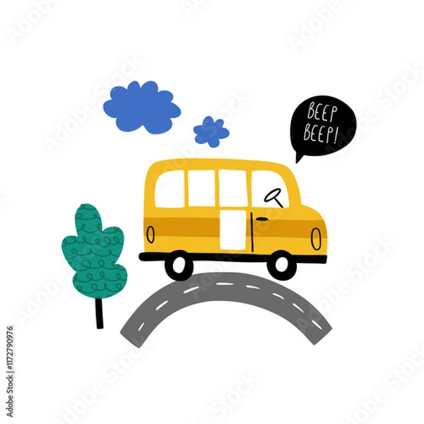 Fototapeta School bus rolling on road and handwritten text Beep beep. Cute cartoon baby boy poster with car in cartoon style. Vector print with car for fabric, textile, postcard, apparel or kids room
