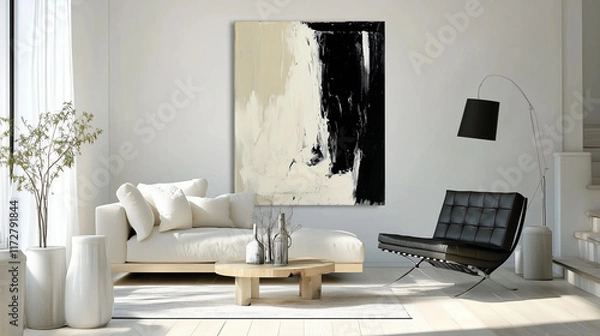 Obraz single bold focal point, such as a large abstract painting or a unique piece of furniture, anchoring the design. The space balances contrasting styles with clean lines, neutral tones