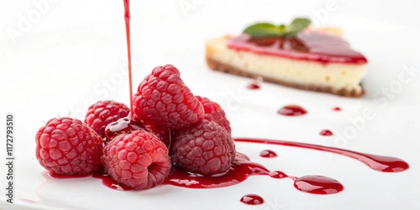 Fototapeta Fresh raspberries are doused in a bright red sauce,enhancing their natural color and sweetness. In the background,slice of cheesecake with the same red sauce and a mint leaf gives it elegant look.AI