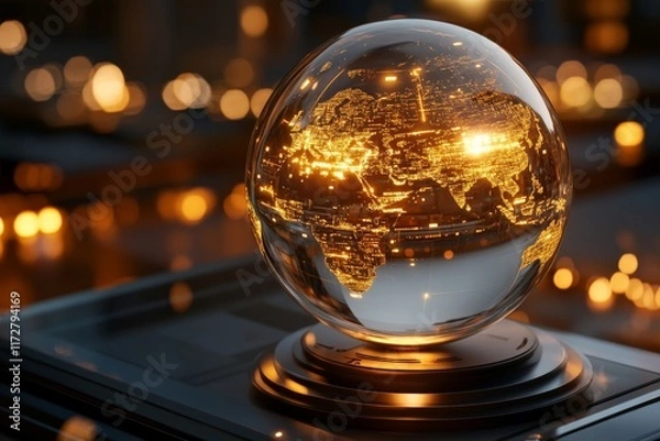Fototapeta Illuminated globe display showcasing a detailed map of the world, with golden lights reflecting in a nighttime setting