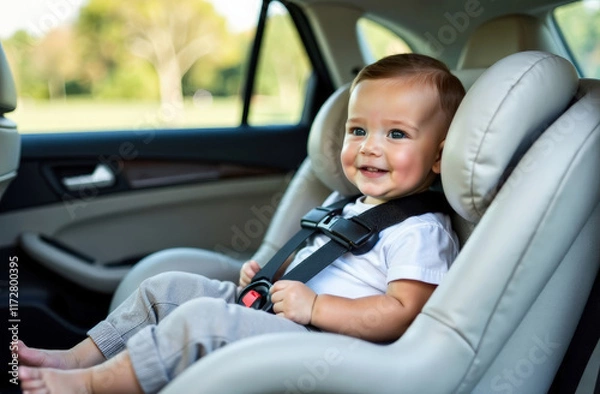 Fototapeta Happy caucasian infant in car seat smiling inside a vehicle