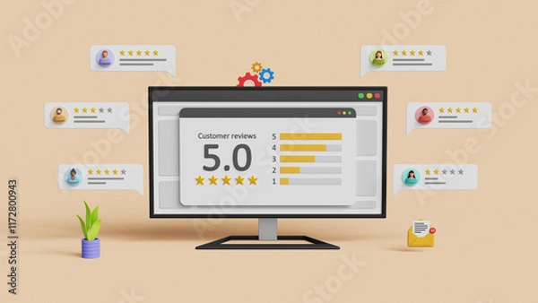Fototapeta Online customer satisfaction, reputation ranking, client service rating, survey or service review concept. User experience and comments. Consumer give 5 stars and feedback review. 3D illustration
