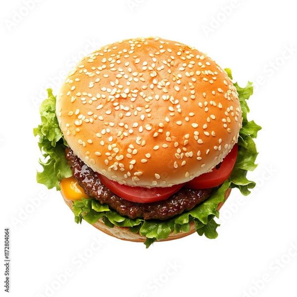 Obraz Delicious Burger: A mouthwatering burger featuring a juicy patty, fresh lettuce, ripe tomato, and melted cheese nestled within a sesame seed bun, captured in a photorealistic image.