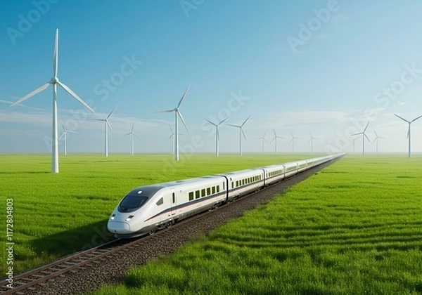 Obraz A train in the wind mill field showing environmental sustainability, AI Generative