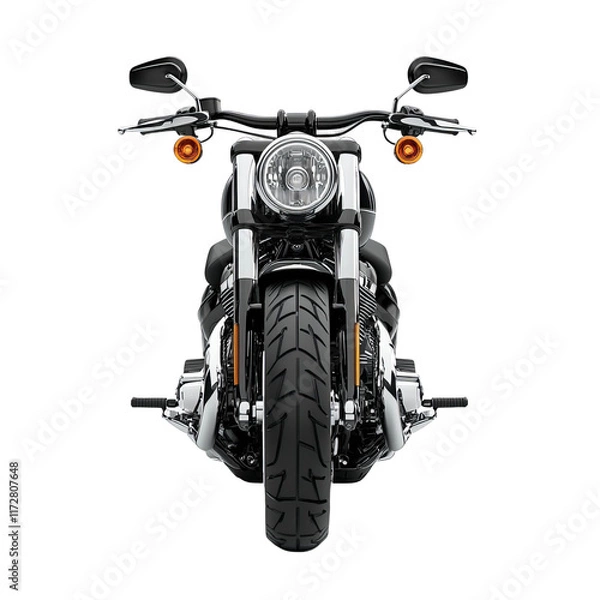 Fototapeta Motorcycle Front View: A modern motorcycle, photographed from the front, showcasing its robust design, engine and headlights, embodying the spirit of open roads and motorcycle culture.