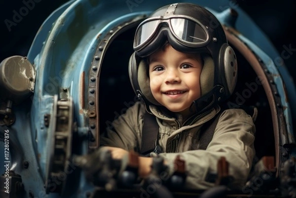 Fototapeta Happy child pilot wearing helmet and goggles is smiling inside cockpit of a vintage airplane