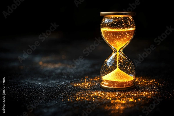 Fototapeta Gold hourglass with flowing sand on dark glitter background