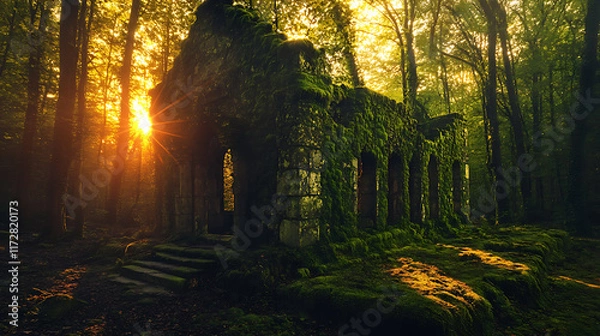 Fototapeta Ancient mystical ruins covered in glowing moss and bathed in the soft light of a magical sunset 