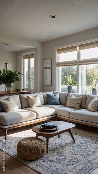 Fototapeta Elegant traditional rural home design featuring neutral color sofa expansive windows and a luxurious rug under the furniture