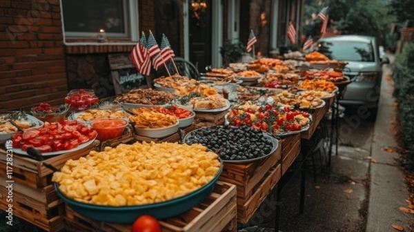 Fototapeta Vibrant Outdoor Market Spread with Wooden Crates and Fresh Fruits in a Natural Setting