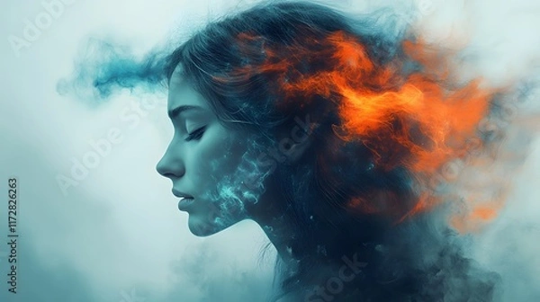 Fototapeta A dreamy portrait of a woman, her form merging with swirling fire and ice.  An artistic expression of inner conflict or balance.