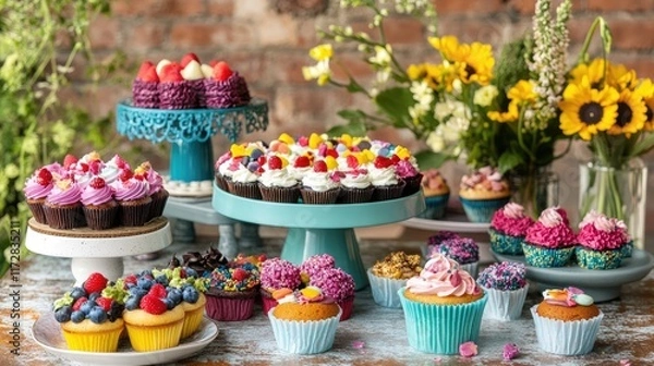 Fototapeta A display counter filled with cakes, muffins, and other sweet treats in a cafe.