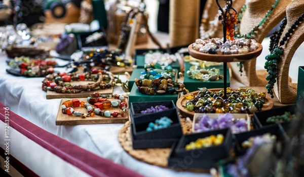 Fototapeta display of handmade jewelry with colorful gemstone necklaces and beads arranged on wooden trays and stands. The collection features an array of textures and hues, showcasing artisan craftsmanship.