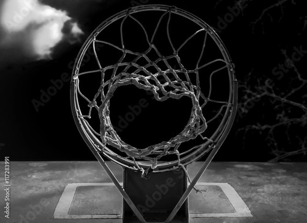 Fototapeta Isolated Basketball hoop. Isolated abstract basketball hoop. Outdoor basketball court. Playground court. Black and white. Monochrome. Chromatic. 