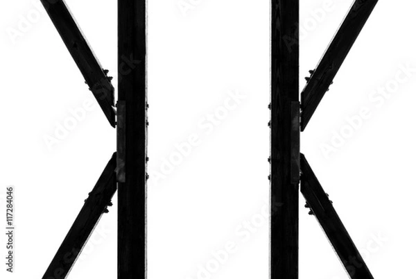 Fototapeta Abstract bridge frame. Symmetrical bridge frames. Wooden frame structures. White background. Pyramid shape design. Minimal architecture design. Bridge design. Looking up. 