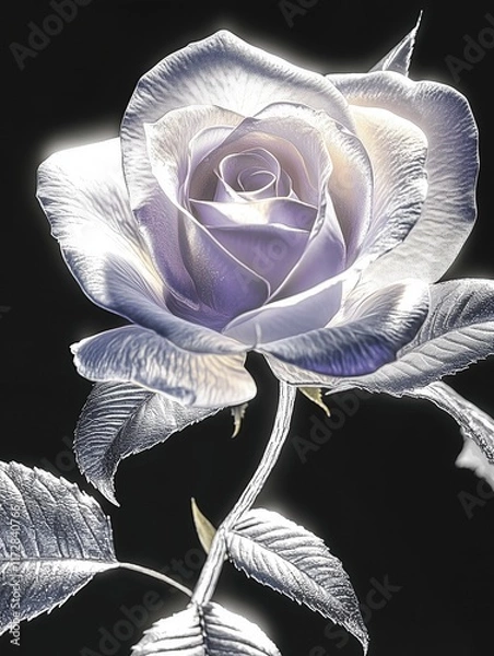 Fototapeta A lavender rose with silver leaves, set against a black background. Perfect for conveying love or affection, making it ideal as part of wedding card designs or Valentine's Day cards. 