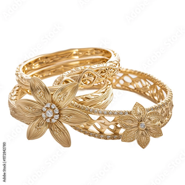 Obraz Golden Floral Bracelets: Delicate and intricate, this set of gold bracelets feature exquisite floral designs with sparkling crystal accents.