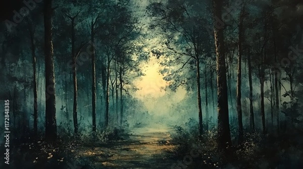 Fototapeta Misty forest path with trees and soft light, creating a tranquil atmosphere.