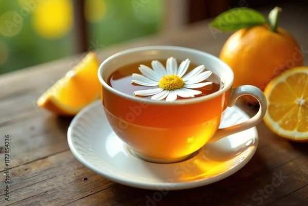 Fototapeta A delicate daisy in a cup of warm citrus tea on a wooden table, warm, peaceful, citrus