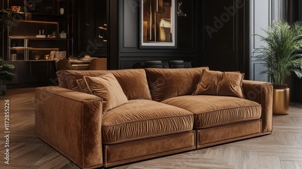Fototapeta Luxurious brown velvet sofa in modern stylish interior setting