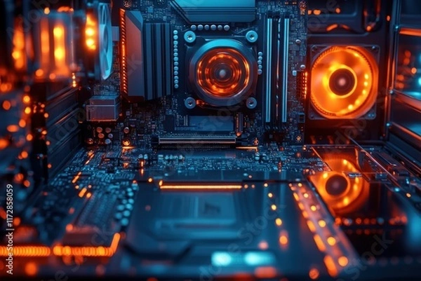 Fototapeta Illuminated computer motherboard, glowing components.