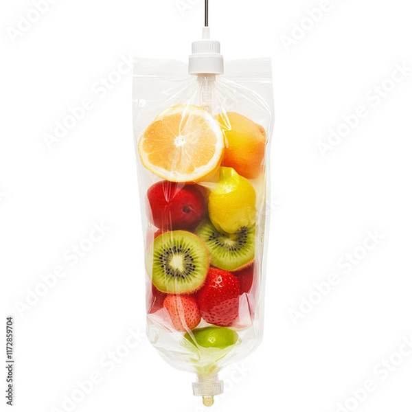 Fototapeta Fruity IV Bag: A health-conscious visual metaphor, a refreshing assortment of vibrant fruit slices, suggests wellness through IV therapy.