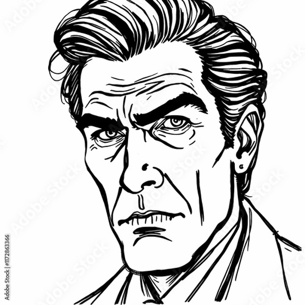 Fototapeta Intense Gaze: A close-up illustration of a man's face, rendered in stark black and white, showcases a piercing gaze and a furrowed brow, hinting at a complex and possibly troubled inner world.  