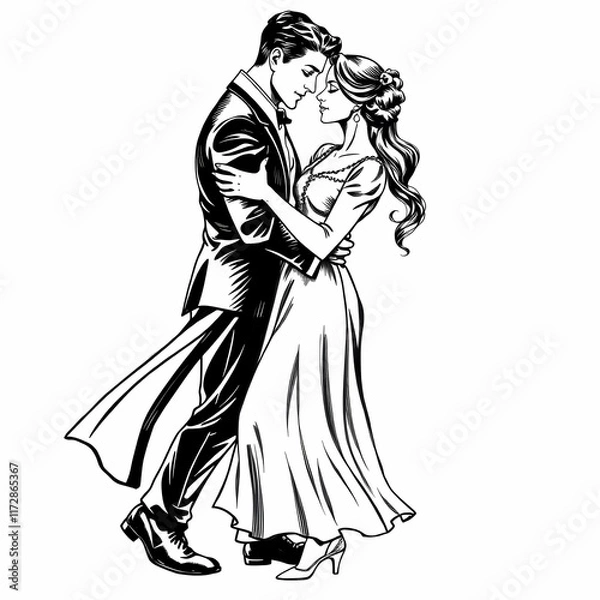 Fototapeta Romantic Embrace: A timeless and elegant illustration of a couple deeply in love, captured in a romantic embrace, their eyes locked in an intimate moment of connection. 