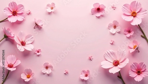 Fototapeta Delicate pink flowers scattered across a soft pastel pink background, flowers, gentle texture