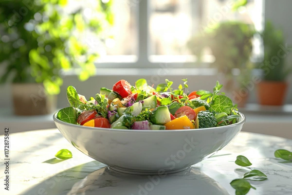 Obraz Fresh salad with tomatoes, cucumber, herbs and peppers in bowl on marble table