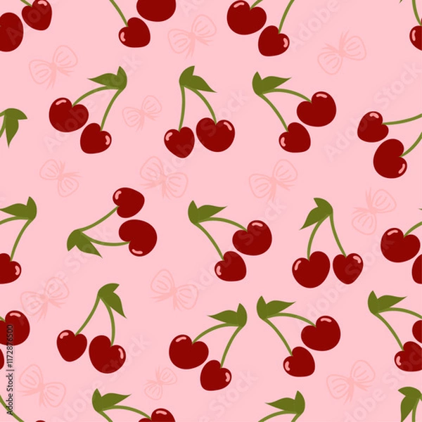 Fototapeta A seamless pattern featuring cherries with leaves in a colorful design showcasing nature and summer vibes. Heart and Love. Valentine's day concept. Wrapping paper, Fabric.