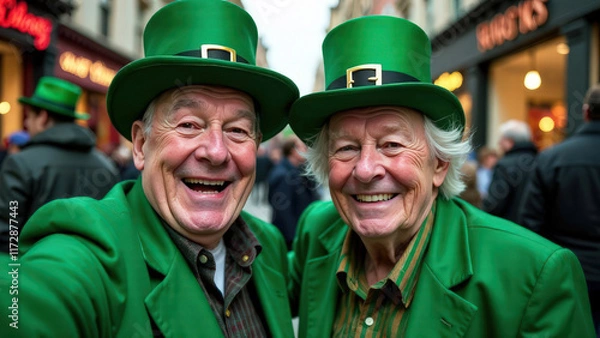 Fototapeta portrait of two old gray-haired elderly men in green suits and leprechaun hats smiling at the camera on the street during the St. Patrick's Day parade