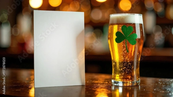 Fototapeta Close-up white card mockup with space for menu text stands on the table next to glass with foamy beer on bar, green shamrock pattern on glass, blurred background, St. Patrick's Day concept