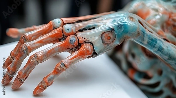 Fototapeta Close-up of a robotic hand, showcasing intricate details and translucent materials.
