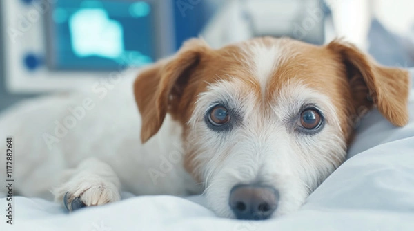 Fototapeta A dog lying in a veterinary clinic while being monitored with medical equipment to assess its condition, highlighting the importance of animal health diagnostics.