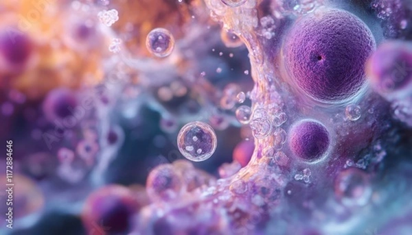 Fototapeta Microscopic view of synthetic bacteria producing biofuel, visualizing biotechnology breakthroughs and energy growth