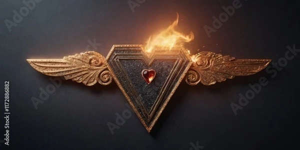 Fototapeta A gold heart with a diamond in the middle and a fire in the background