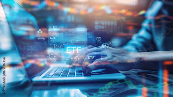 Fototapeta Digital Finance Technology with Stock Market Data Visualization in Blue Tones - ETF  over fintech