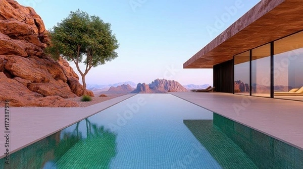 Fototapeta A desert oasis featuring a sleek metallic surface. High Quality