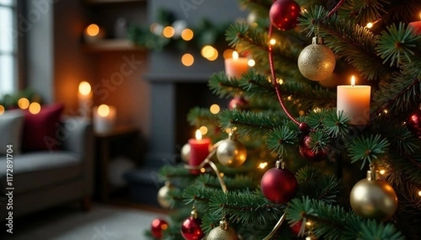 Fototapeta Decorated fir tree with candles, ornaments, and garlands in the foreground, christmas, garlands, fir tree