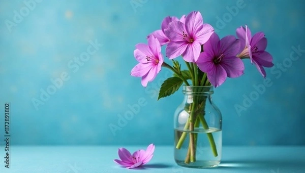 Obraz Purple aubrieta blooms in a distressed glass vase on a blue background, petals, flowers