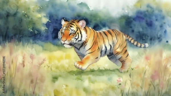 Obraz 野原を歩くトラの子供