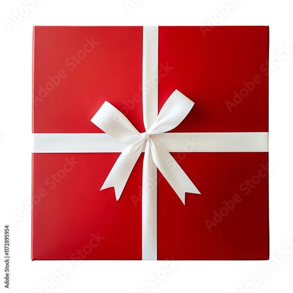 Obraz Gift Box: A close-up overhead shot of a red gift box beautifully wrapped with white ribbon and bow, embodying the essence of celebration, generosity, and special occasions.