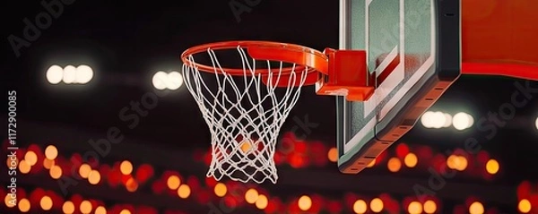 Fototapeta A close-up of a basketball hoop with a blurred background of lights.