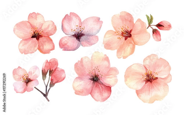 Fototapeta A collection of watercolor illustrations of pink flowers