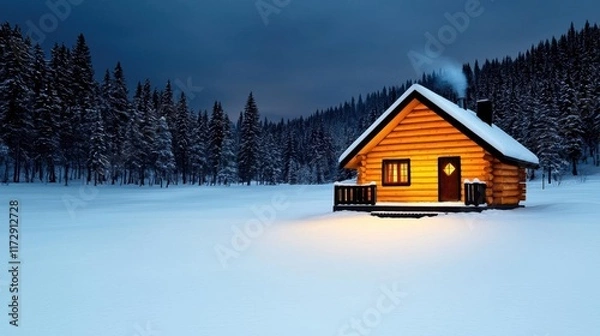 Fototapeta A photostock of a snowy log cabin nestled in a dense forest, with smoke rising from the chimney under a soft winter sunset, evoking coziness and solitude. High Quality