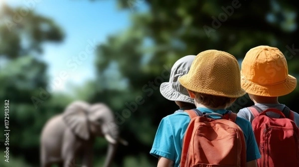 Obraz Three children wearing colorful hats and carrying backpacks watch an elephant in the distance, set in an outdoor environment full of greenery and life.