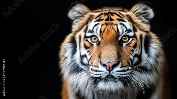 Fototapeta A fierce tiger with a striking stripe pattern stares directly ahead with its intense eyes, showcasing its strength and power against a stark black backdrop.