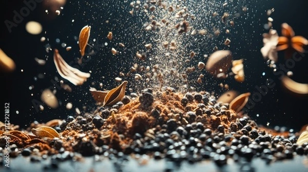 Fototapeta Spices scattered like stars highlight culinary richness and endless possibilities in a darkened kitchen setting
