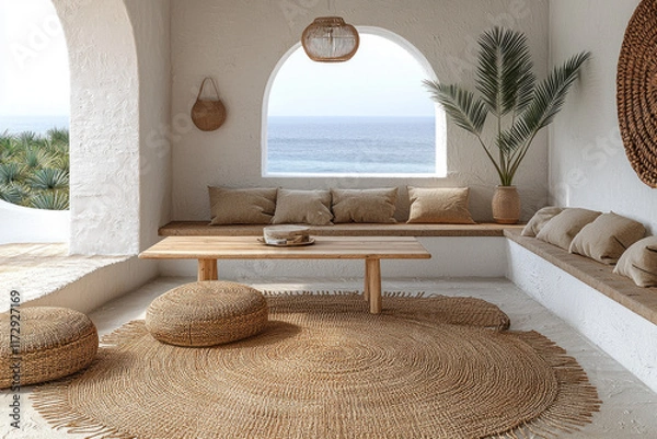 Obraz Coastal patio lounge with ocean view, seating, rug, and plants in white archway